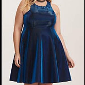 Shiny blue razor back skater dress plus size